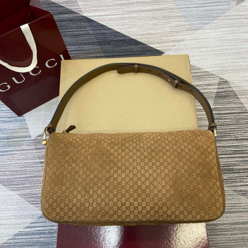 Gucci 862530 Gucci Half Horsebit Large Shoulder Bag Brown GG suede