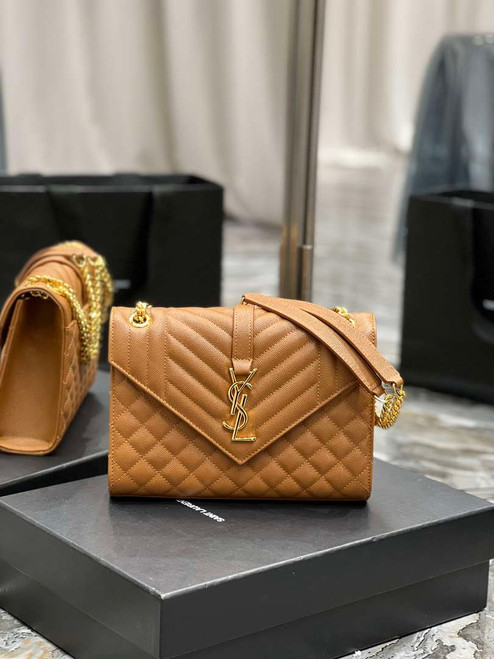 YSL 600185 Envelope Meduim In Quilted Grain De Poudre Embossed Leather Brown