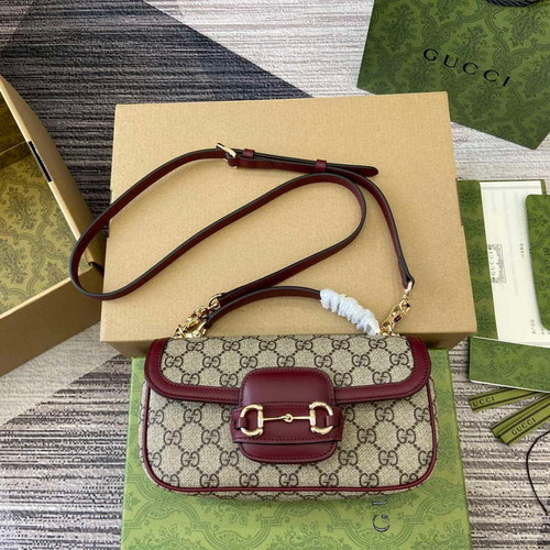 Gucci 815206 Gucci Horsebit 1955 Soft Small Top Handle Bag Red leather trim