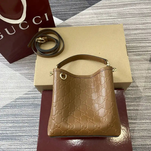 Gucci 815118 GG Emblem Mini Bucket Bag brown GG leather