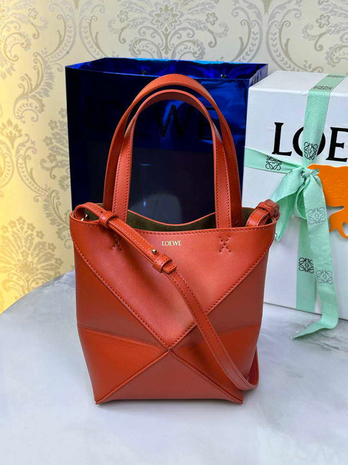 Loewe Mini Puzzle Fold tote in shiny calfskin A657V25X01 Orange Red