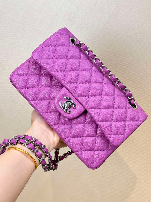 Chanel A01112 Flap Classic 11.12 Handbag Calfskin Silver Tone Metal Purple