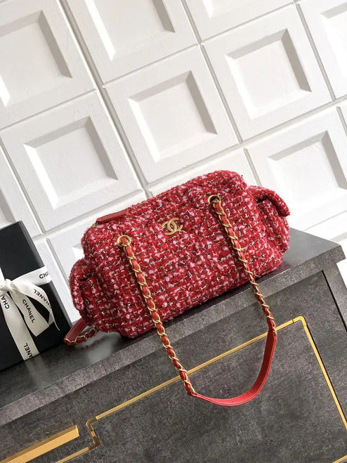 Chanel AS5792 25C Small Bowling Bag Tweed & Gold Metal  Red Pink & Black
