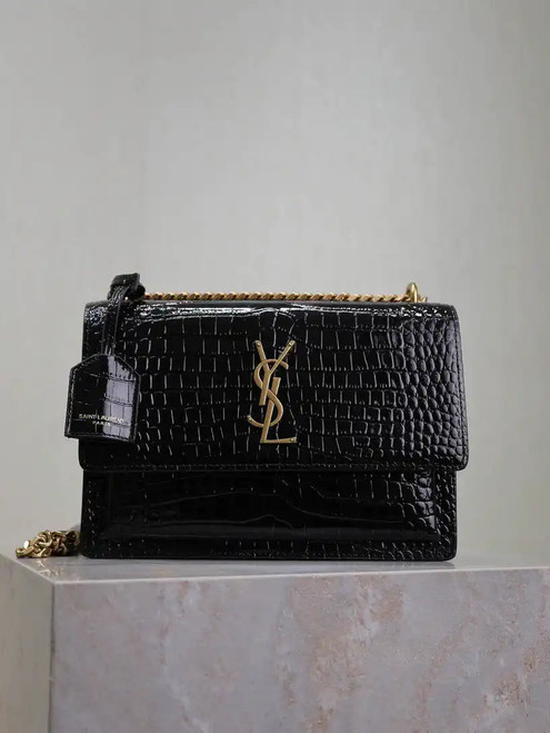 YSL 442906 SUNSET MEDIUM IN Black crocodile leather