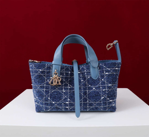 Dior M2822 Small Dior Toujours Bag Denim Blue Tweed with White Cannage Motif
