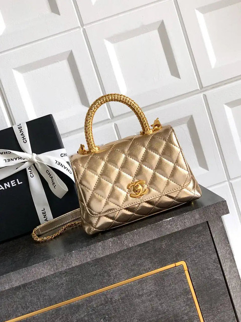 Chanel AS2215 Mini Flap Bag with Top Handle calfskin diamante gold metal Gold
