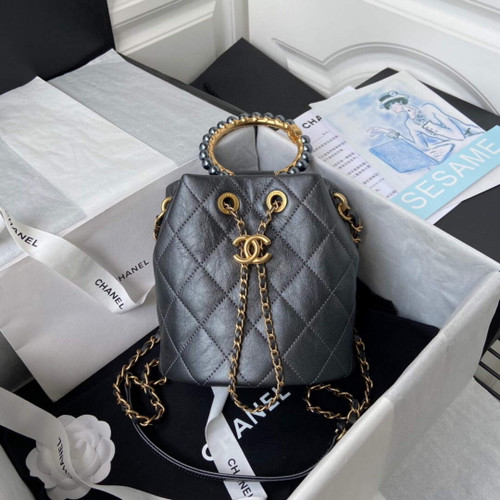 Chanel Pearl Bracelet Bucket Bag Lambskin AS2608 Grey