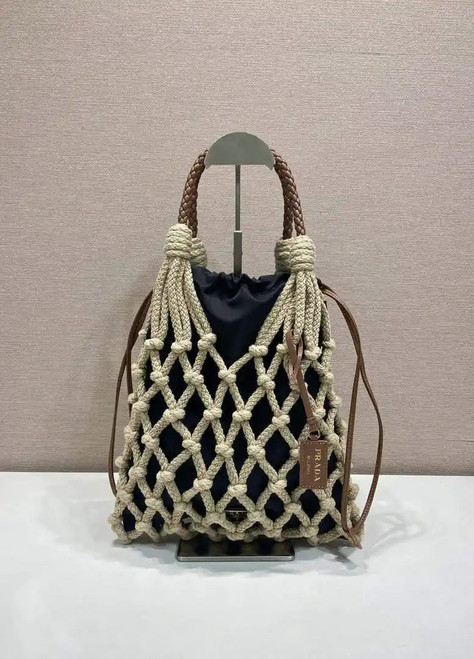 Prada Noué medium cotton macramé bag 1BC111 Black