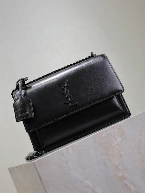 YSL 442906 SUNSET MEDIUM IN Black SMOOTH LEATHER with Black logo