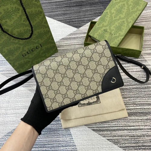 Gucci GG Emblem wallet with leather strap 820688 Biege & Black