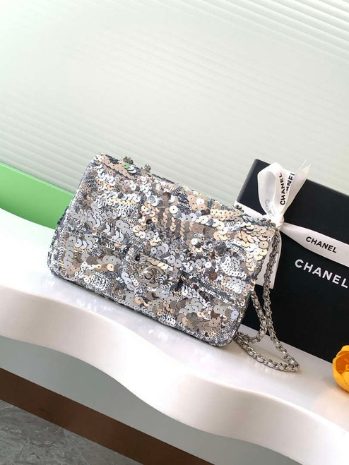 Chanel A09888 25C Evening Silver sequin mini AS4561  limited edition Lambskin