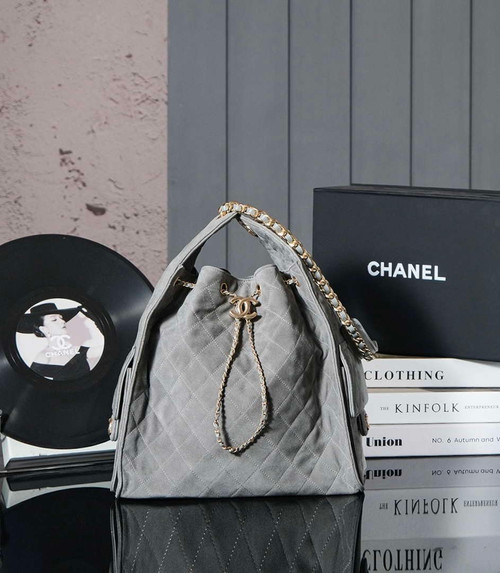 Chanel AS5311 Large Hobo Suede & Gold-Tone Metal Elephant Gray