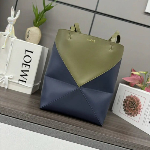 Loewe XL Puzzle Fold tote in shiny calfskin B933Q18X01 Blue Green
