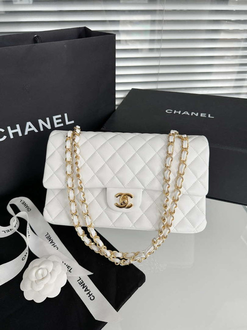 Chanel A01112 Flap Classic 11.12 Handbag Haas Lambskin & Gold-Tone Metal White