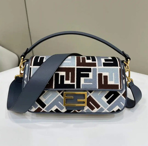 Fendi 8BR600 Baguette Medium bag with FF embroidery 0159BM Brown& Blue