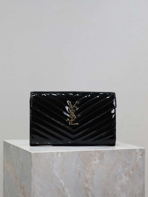 YSL 377828 Classic Cassandre chain wallet in Patent leather Black