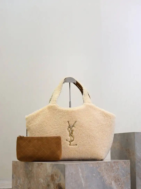 Saint Laurent YSL 858191 ICARE in shearling Medium Shopping Bag NATURALE