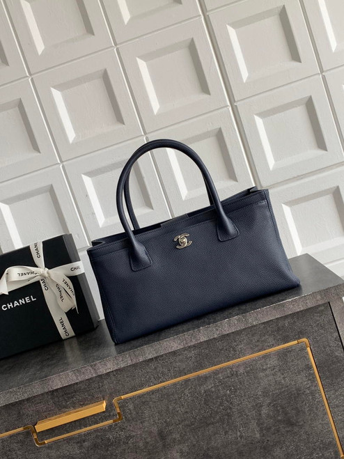 Chanel AS6055 Cerf Leather Exterior Small Tote Bags Navy Blue