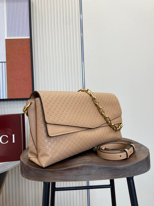 Gucci 857362 Large Shoulder With Chain Bag Leather Tan GG