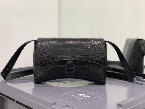 Balenciaga 671355 Women's Downtown XS Shoulder Bag Crocodile Embossed black buckle