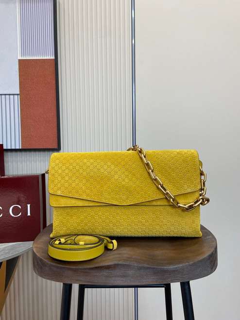 Gucci 857362 Large Shoulder With Chain Bag Suede Yellow GG
