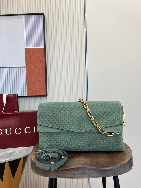 Gucci 857362 Large Shoulder With Chain Bag Suede Green GG