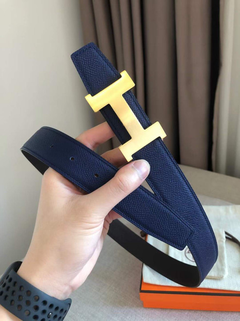 Hermes Women's Leather H Buckle Belt 32MM 19043 Navy Blue - luxibagsmall