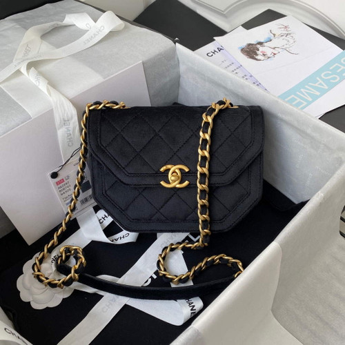 Chanel AS2597 Mini Flap Bag Velvet & Gold Tone Metal Black