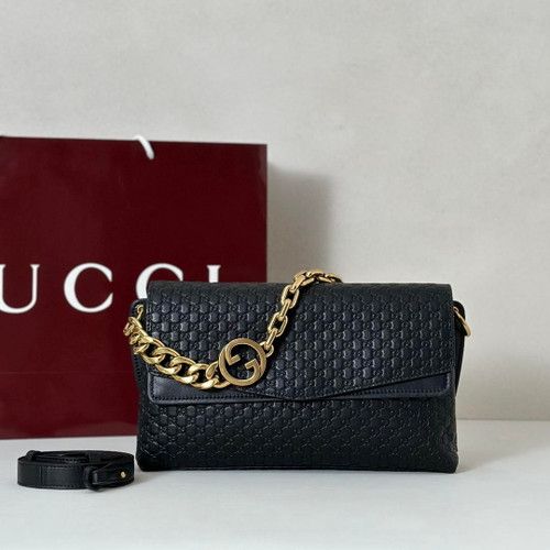 Gucci 857622 Medium Shoulder Bag Leather Black GG