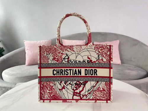 Dior M1296 Small DIOR BOOK TOTE Red and White D-Royaume d'Amour Embroidery Red and white