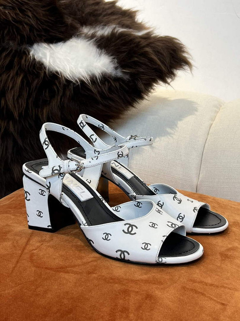 Chanel Women's Sandals G38969 Printed Lambskin White with Black C90242