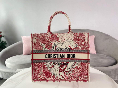 Dior M1286 DIORAMOUR DIOR BOOK TOTE Red and White D-Royaume d'Amour Embroidery