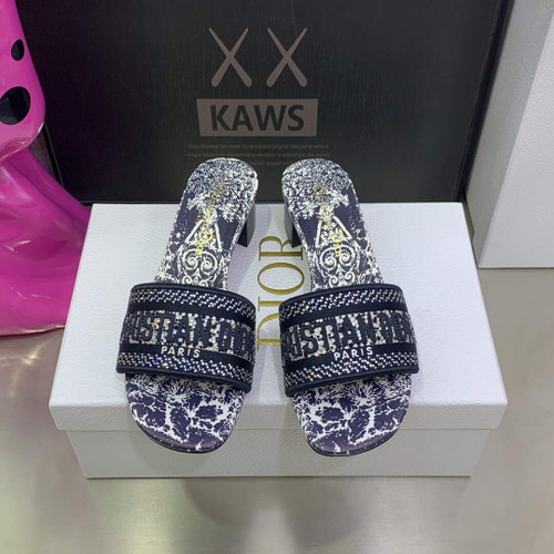 Dior Women's Shoes Dway Heeled Slide Metallic Thread Strass KCQ244CHS Navy blue