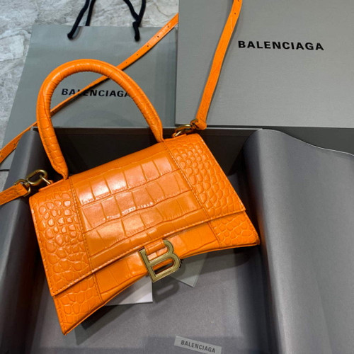 Balenciaga 593546 Hourglass Small Top Handle Crocodile Bag Orange Gold
