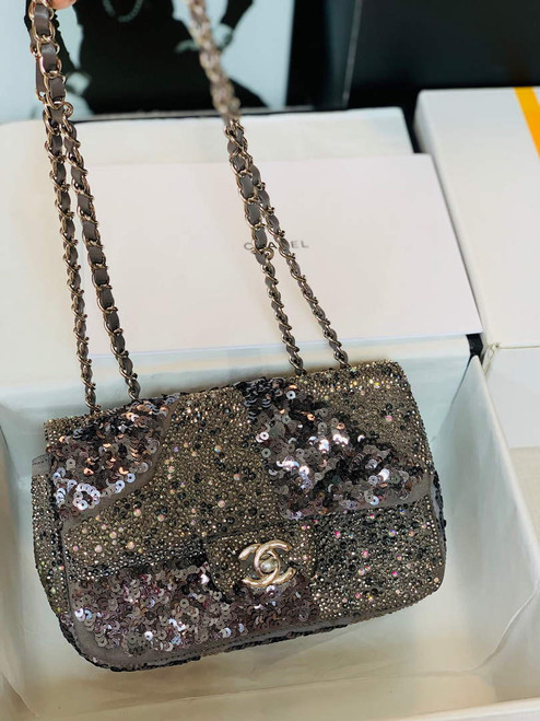 Chanel 2022 CF Flap Rhinestone Limited Edition Bag Sequins Brown