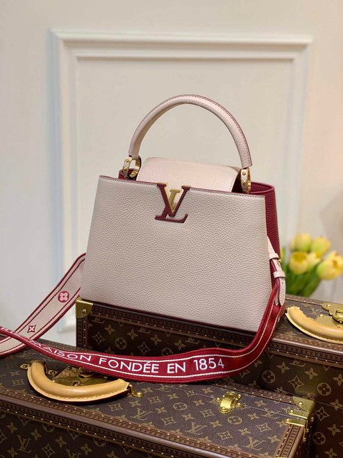 LV M58610 Louis Vuitton Capucines MM Handbag Beige and Wine red