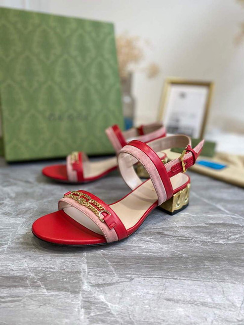 Gucci 655409 Women's Sandal With Chain-Shaped Heel Leather Red - luxibagsmall