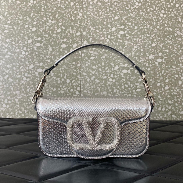 Valentino 8W2B0K53SPV_C8N Garavani Locò small shoulder bag in laminated elaphe Silver