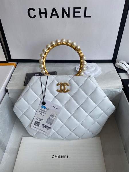 Chanel Women's Bag Sheepskin Pearl Handle Evening Bag Handbag AS2609 White
