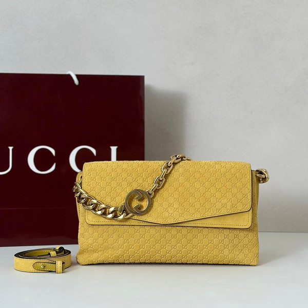 Gucci 857622 Medium Shoulder Bag Suede Yellow GG