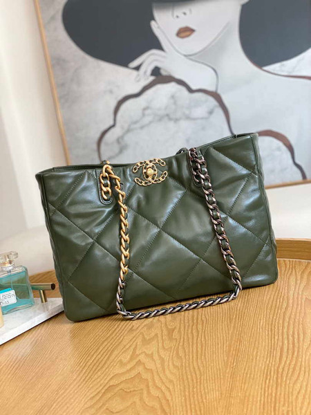 Chanel 19 Shopping Bag Shiny Lambskin AS3660 Gold-Tone  Silver-Tone & Ruthenium-Finish Metal Dark Green