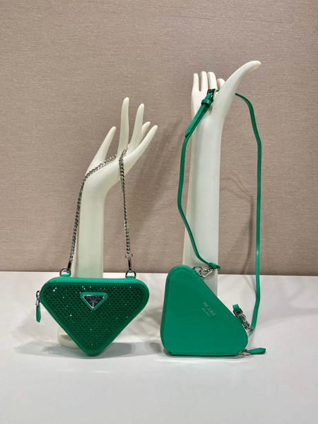 Prada 1NR015 Embellished satin and leather mini-pouch Green