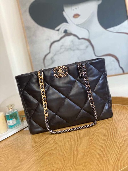 Chanel 19 Shopping Bag Shiny Lambskin AS3660 Gold-Tone  Silver-Tone & Ruthenium-Finish Metal Dark Brown