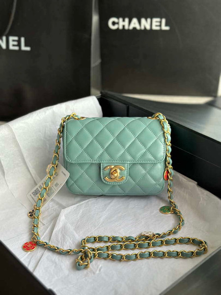 Chanel AS3738 Mini Flap Bag Lambskin Enamel & Gold-Tone Metal Blue