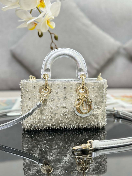 Dior S0910 Micro Lady D-joy Bag Silver-Tone Satin with Gradient Bead Embroidery
