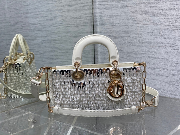 Dior M0613 Small Lady D-joy Bag Cannage Lambskin Limited Edition D-Joy Bag  Black Fabric Embroidered with Glass-Bead Fringe White