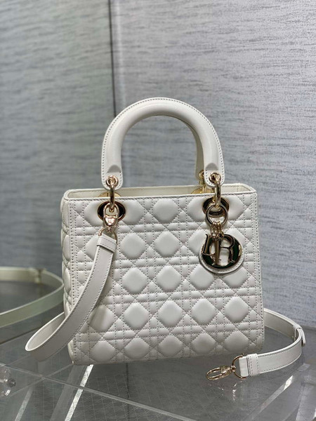 Dior M0565 Medium Lady Dior Bag  White Cannage Lambskin Gold