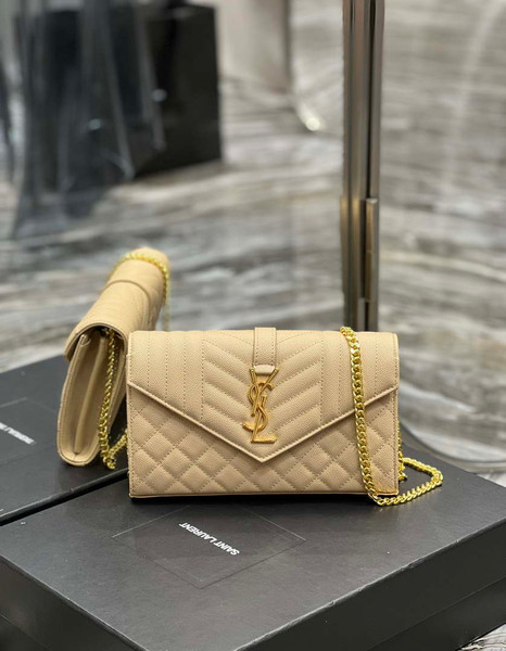 YSL 620280 Envelope Chain Wallet In Mix Matelassé Grain De Poudre Embossed Leather Apricot