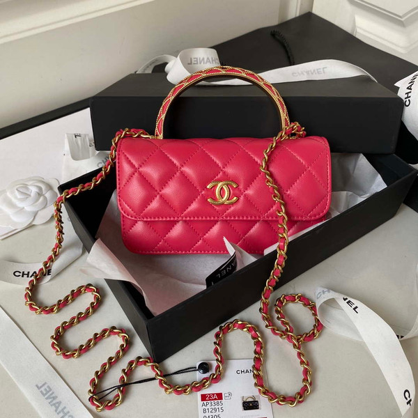 Chanel AP3385 Woc Flap Phone Holder With Chain Lambskin Red Gold