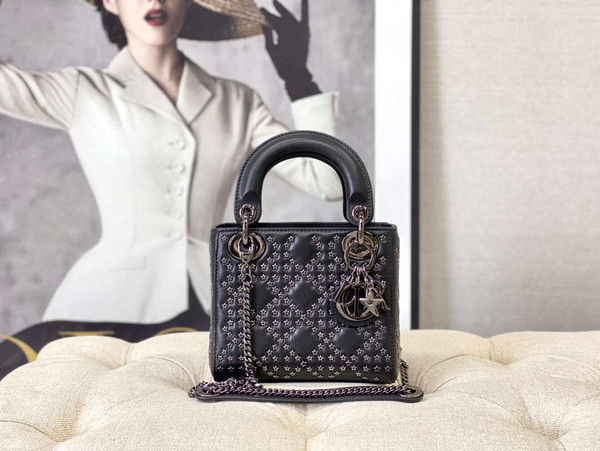 Dior  Mini Dior Lady Bag Navy Black Metallic Cannage Lambskin with Beaded Embroidery M0505 Black